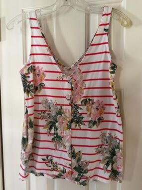 JOULES White & Red Striped Floral Button-Back or Front Reversible Tank Top